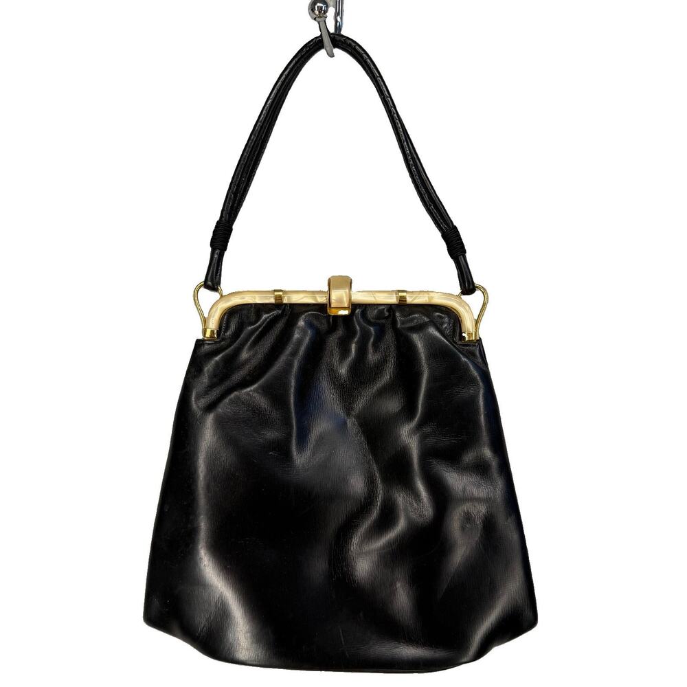 Rosenfeld Handbag Black Leather Vintage Mother Pearl Inlay Kiss Lock